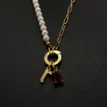 Stainless steel pearl and gold chain necklace with letter R and red crystal pendant - Gothic Letter R