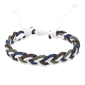 Detailed view of handmade multi-color woven cotton rope bracelet with adjustable drawstring - Blue White Brown Green