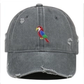 Vintage gewaschene anthrazitfarbene Baseballkappe mit Papageienstickerei und Distressed-Details - Grau