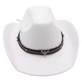 White felt western cowboy hat featuring a vintage bull head skull metal buckle decoration - One Size / White