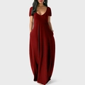 Elegant wine red V-neck maxi dress with short sleeves and side pockets for women - 4XL / Burgundy