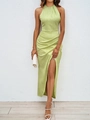 Detail of avocado green halter dress featuring wave texture fabric and high side slit - S / Green