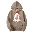 Brown Christmas hoodie featuring ghost, tree, and snowflake prints for holiday style - Camel