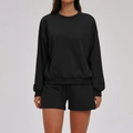 Two-piece black casual sports set featuring loose crewneck sweatshirt and drawstring shorts - S / Premium Black (Shorts Set)