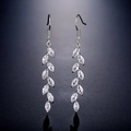 Silver leaf drop earrings featuring marquise-cut zircons in a symmetrical wheat design - Platinum Plated