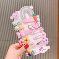 Cute 14-piece pink cartoon hair clip set featuring rainbow and rabbit designs for girls - 048 Pink Rainbow 14pcs Set