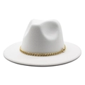 Classic white wide brim wool fedora hat featuring a stylish gold chain decoration - M (56-58cm) / White