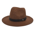 Detail of a brown straw fedora featuring a black ribbon band and a gold metal rivet - M(56-58cm) / Coffee
