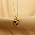Golden heart necklace with green, red and white zircon inlay on silk background - Heart / Multicolor Heart (N0119-2)