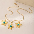 Golden starfish jewelry set with turquoise gemstones including necklace and stud earrings - Starfish with Turquoise Embellishment (E1990-12)