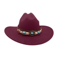 Elegante sombrero fedora de fieltro de lana burdeos con banda étnica decorada de cuentas - Burdeos