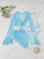 Ensemble bikini quatre pièces bleu ciel avec cache-maillot en dentelle sur marbre - XS / Bleu