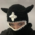Black knit devil horn balaclava with white cross detail for Halloween parties - 57-59cm / Black Horn with White Flower