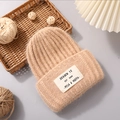 Light beige winter knit beanie with soft rabbit fur texture and stylish letter patch - Ginger Yellow