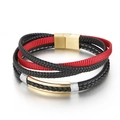 Men's multi-layer woven leather bracelet with gold metal bar and magnetic steel clasp - Gold (KB147382-KLHQ)