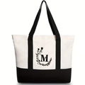 Canvas tote bag in black and white with letter M print and minimalist floral design - Letter M / 46*12*31CM