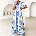 Damen Sommer Maxi-Kleid mit Blumendruck, Hemdkragen, Gürtel und buntem geometrischem Muster - S / Bunter Druck
