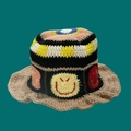 Handmade colorful crochet bucket hat with smile pattern and striped multicolor knit design - One Size / Smiley Coffee Hat
