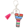 Letter Y keychain with pink tassel, featuring colorful stripes and leopard print patterns - Letter Y