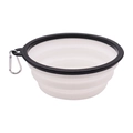 Portable white silicone collapsible dog bowl with black rim and silver carabiner clip - White