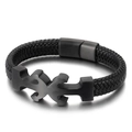 Men's black braided leather anchor bracelet with matte H-pattern metal charm and magnetic clasp - 19cm / Black (KB138739-KFC)