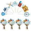 Set decorazioni per torta a tema viaggio per festa di laurea con aereo e passaporto - Confezione da 7 Inserti per Vasi