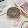 Braune Tweed-Kosmetiktasche mit weißem Sherpa-Besatz und pinkem Seilgriff für Damen - Grau