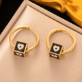 Golden hoop earrings featuring black enamel cube pendants with a white heart detail - [G3111] Gold Black Heart Cube Earrings