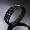 Bracciale multistrato in pelle intrecciata da uomo con perle di pietra vulcanica e chiusura - Pietra lavica