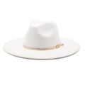 Elegant white wide brim wool fedora hat with a polished gold leather belt buckle detail - M (56-58cm) / White