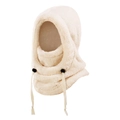 Women's cream white plush Balaclava hood with drawstring for winter outdoor warmth - M (3-10 Years) / Beige