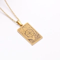 Golden tarot necklace featuring rectangle Wheel of Fortune pendant with detailed engraving - Wheel of Fortune