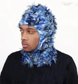 Detail of blue knit balaclava hat showing long hairy texture and camouflage knit pattern - One Size / Blue Camouflage