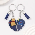 Portachiavi puzzle a cuore in acrilico con nappa blu, illustrazione gatto e rosa - Gatto + Rosa