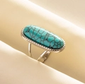 Adjustable 304 stainless steel ring featuring oval turquoise stone with beaded silver edge - Silver-Light Blue Turquoise
