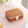 Brown faux leather mini jewelry box with white trim and gold magnetic buckle closure - Portable Square / Light Coffee