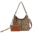 Leopard print tote bag set featuring a matching brown pouch and textured faux leather - Leopard Print Brown with Small Pouch Set