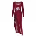Burgunderrotes Langarm-Maxikleid mit Karree-Ausschnitt und sexy Taillenausschnitt - S / Burgunderrot
