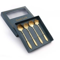 Set of four gold stainless steel floral dessert spoons in a teal gift box package - B Style Short Flower Spoon-Gold+Green Box / Gold/Green Box/4PCS