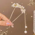 U-shaped hair pin with golden butterflies, white pearls and long hanging tassels - Full Diamond Double Butterfly