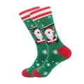 Green Christmas crew socks with Santa Claus pattern and festive red and white stripes - One Size / Snowflake Santa