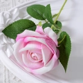 Artificial velvet rose in pink and white gradient with realistic green leaves - 7cm / Light Pink (Velvet)