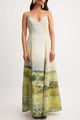 Elegante crèmewitte maxi-jurk met landschapsschildering print en spaghettibandjes - S / Beige Dierenprint