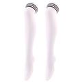 Close-up of white over-knee socks with black triple stripes on a clean white background - One Size / White with Black Stripes