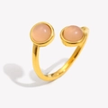 Elegant 18K gold-plated open ring featuring dual pink oval-cut cabochon gemstones - Double-Headed Pink Agate Open Ring - Gold