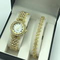 Elegant gold quartz watch and rhinestone heart bracelet set in a gift display box - A5 Gold + Gold 3-Diamond Set (No Box)