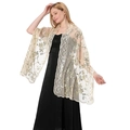 Exquisite gold sequin embroidered floral lace shawl for bridal party or evening events. - Beige