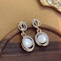 Elegant gold pearl flower earrings with sparkling rhinestones on a wooden base - Gold Oval Pearl (43# Silver Needle-Gold Oval)