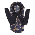 Detail of navy blue satin bonnet featuring gold butterfly print and long black ribbons - One Size / Navy Blue Long Tube Ribbon