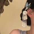 Close-up detail of a New Chinese style silver tassel hair clip featuring a blue butterfly - Duckbill Clip (HH9738-1) / 1 Piece / Silver Blue